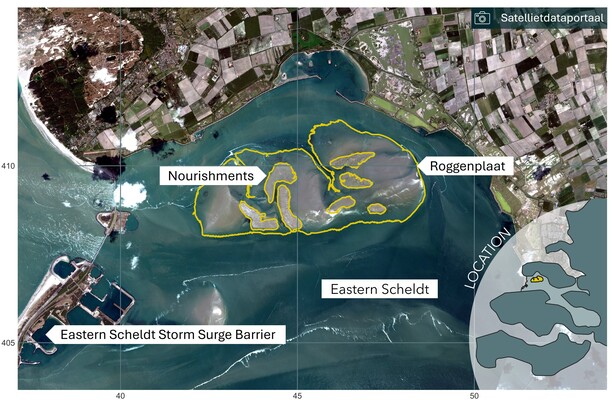 Satellite image from April/May 2020 depicting the Roggenplaat in the Eastern Scheldt, the Netherlands. The (former) Island of Schouwen is located to the north, while the Eastern Scheldt Storm Surge Barrier lies to the west. The contours of the Roggenplaat and the nourishments are highlighted in yellow.