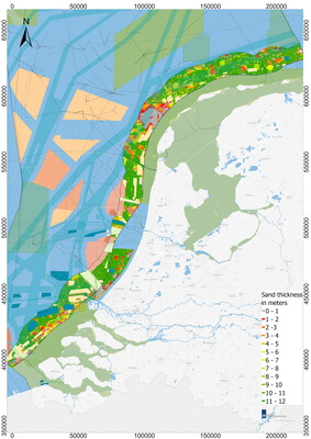 Sand thickness map overlain by other activities for the Dutch North Sea