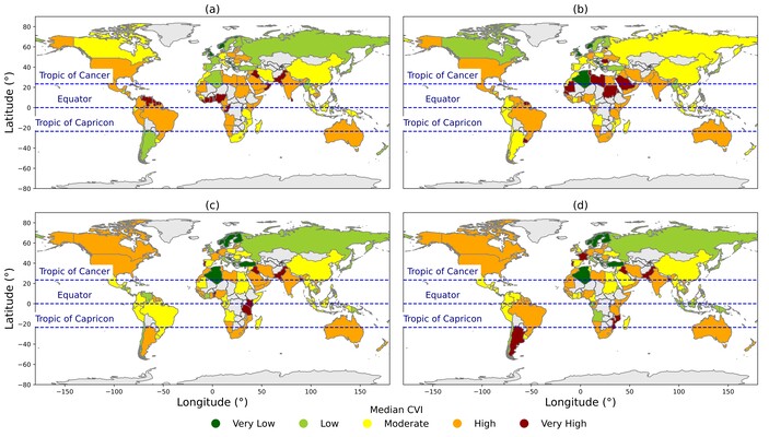 Figure 1: Median CVI classes calculated at the country level for  the four CVI methods suggested by (a) López et al., (2016), (b) (Thieler & Hammar-Klose, 2000), (c) (Shaw et al., 1998) and (d) (Gornitz, 1991)