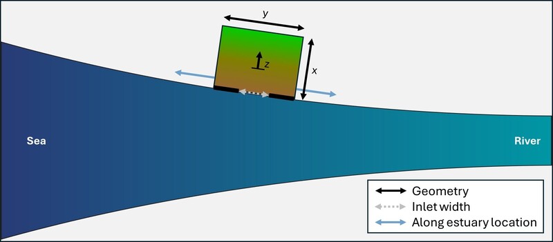 Schematic overview of the scenarios. For a typical funnel-shaped estuary, a managed realignment site is connected in which the geometry, inlet width and along estuary location is varied