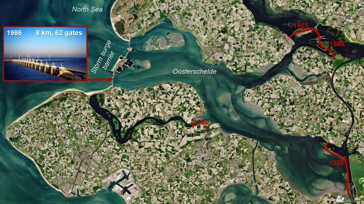 Overview of The Oosterschelde with its storm surge barrier and closure dams (indicated with the red lines, including years of completion). Satellite picture, credit: Copernicus Sentinel data (2020), processed by ESA, CC BY-SA 3.0 IGO.