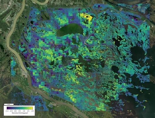 Figure 1. Recovery time of tidal marshes after Hurricane Katrina. Recovery time is derived from NDVI time series (Landsat 5). The represented recovery time shows large spatial variability within the area of interest. 