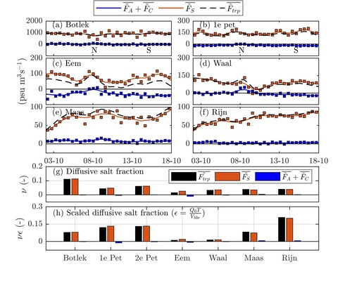 Overview of additional salt flux resulting from channel-harbour exchange. (a-f) Excursion-averaged additional salt flux ( (F ̃_trp ) ̅), contribution of the diffusive channel-harbour exchange (F ̃_S ) ̅ (mainly vertical exchange) and contribution of cross-sectional averaged exchange  ( (F ̃_A ) ̅+(F ̃_C ) ̅), shown for different harbours in the New Meuse. (g) Excursion-averaged and time-averaged additional salt flux, shown as a fraction of the total up-estuary transport to balance flushing by river discharge (diffusive salt fraction) for different harbours. (h) Same as (g), but with scaled diffusive salt fraction to eliminate size differences. 