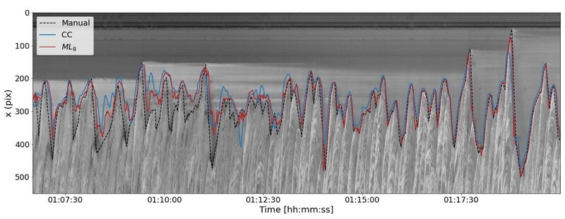 Figure 1: Section timestack from November 14th (video ID: GX050084), with the manually digitized water line (back dashed), and the CC (blue solid) and ML results (red solid).