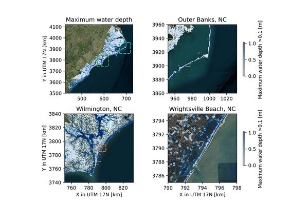 Modeled maximum water depths during Hurricane Florence (2018) for entire domain (A), with zoom at the North Carolina’ Outer Banks (B), Wilmington (C) and Wrightsville Beach (D), for minimum flood depths of 0.1 m and for areas above 0 m+NAVD88 only.